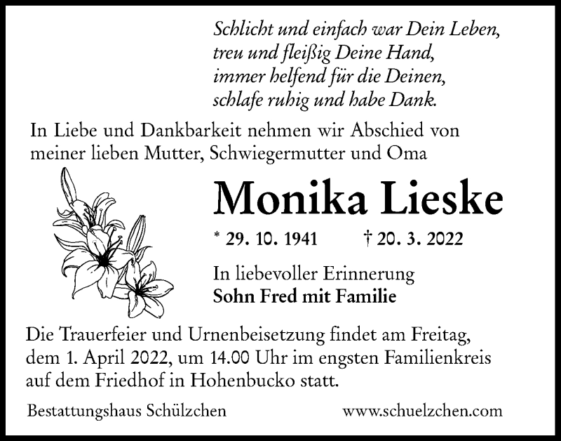 Traueranzeige für Monika Lieske vom 26.03.2022 aus lausitzer_rundschau