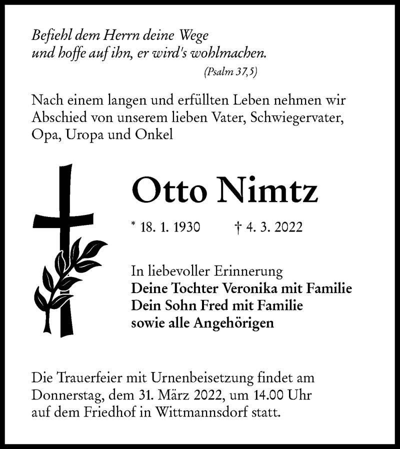  Traueranzeige für Otto Nimtz vom 26.03.2022 aus lausitzer_rundschau