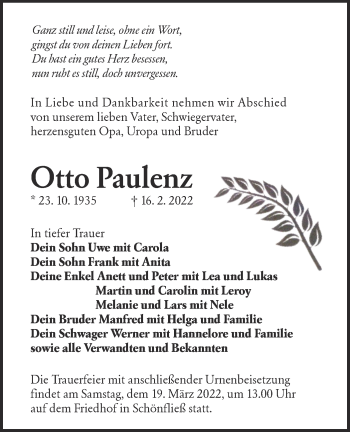 Traueranzeige von Otto Paulenz von lausitzer_rundschau