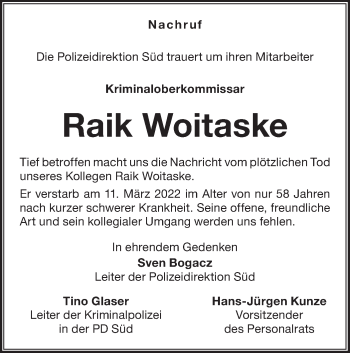 Traueranzeige von Raik Woitaske von lausitzer_rundschau
