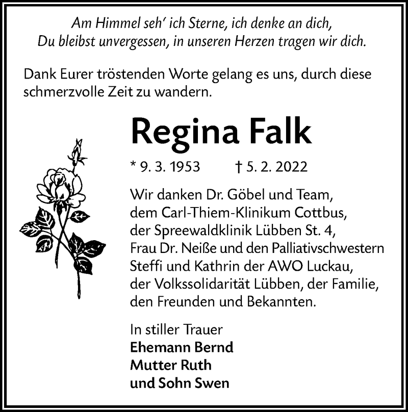  Traueranzeige für Regina Falk vom 12.03.2022 aus lausitzer_rundschau