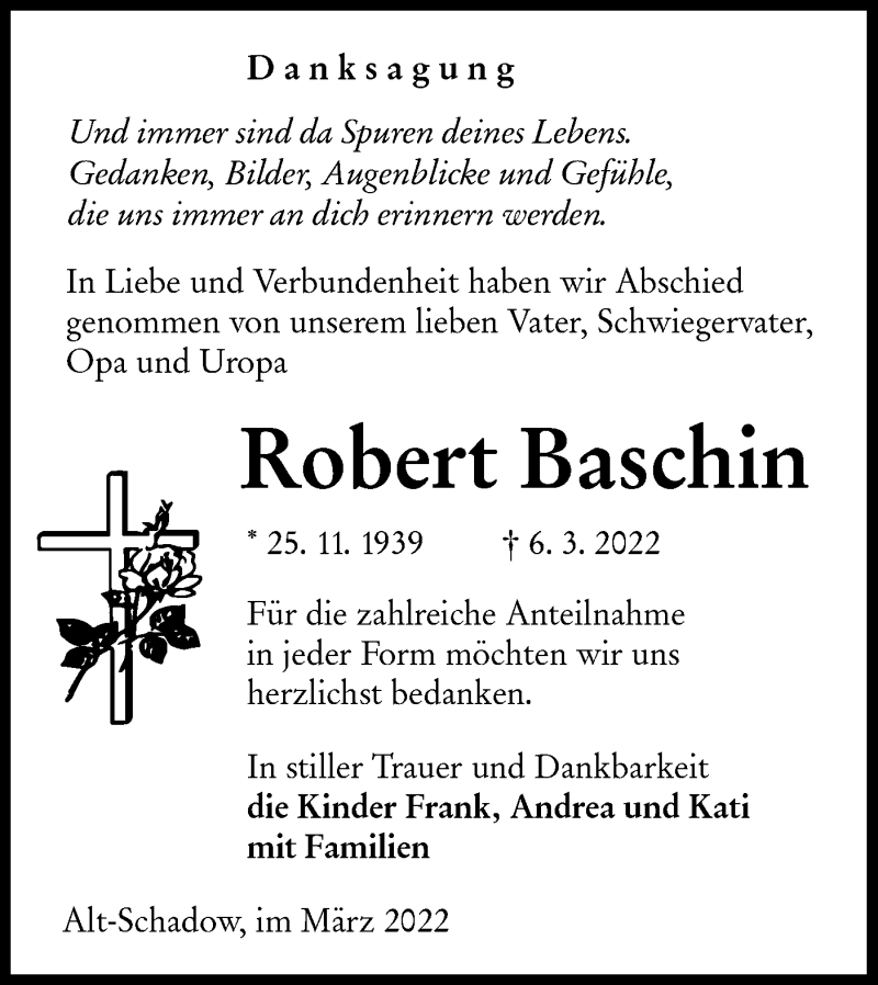 Traueranzeige für Robert Baschin vom 19.03.2022 aus lausitzer_rundschau