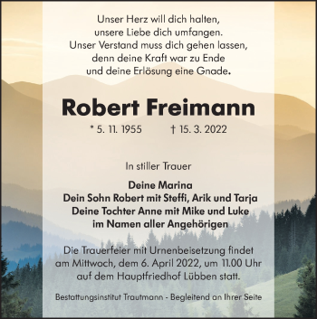 Traueranzeige von Robert Freimann von lausitzer_rundschau