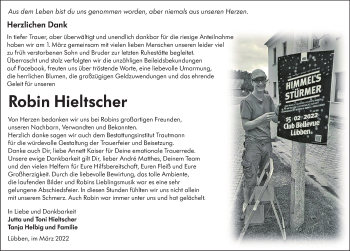 Traueranzeige von Robin Hieltscher von lausitzer_rundschau