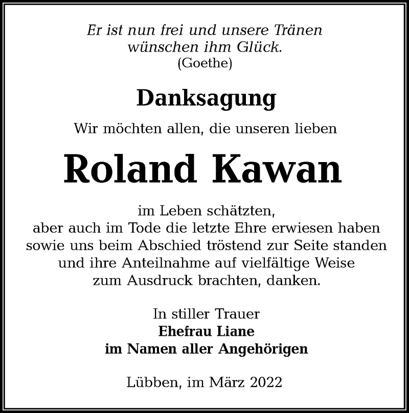  Traueranzeige für Roland Kawan vom 26.03.2022 aus lausitzer_rundschau