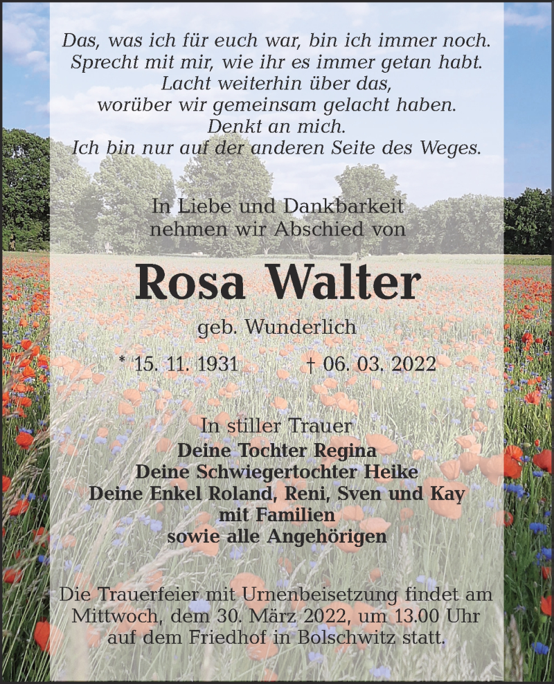  Traueranzeige für Rosa Walter vom 12.03.2022 aus lausitzer_rundschau