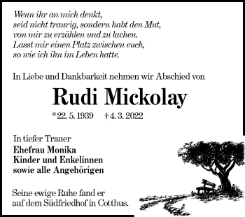 Traueranzeige von Rudi Mickolay von lausitzer_rundschau