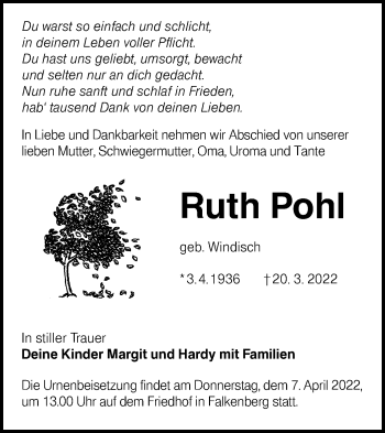 Traueranzeige von Ruth Pohl von lausitzer_rundschau