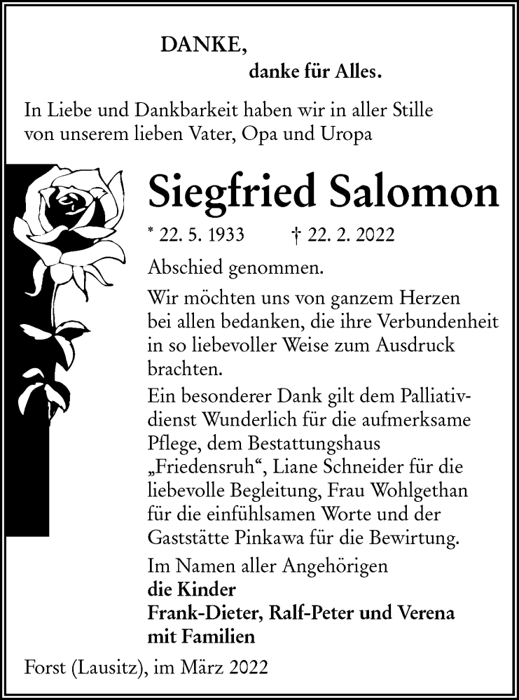  Traueranzeige für Siegfried Salomon vom 26.03.2022 aus lausitzer_rundschau