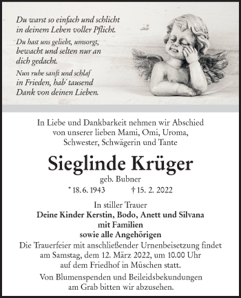 Traueranzeige von Sieglinde Krüger von lausitzer_rundschau