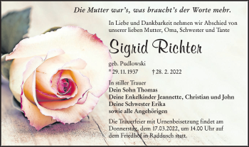 Traueranzeige von Sigrid Richter von lausitzer_rundschau