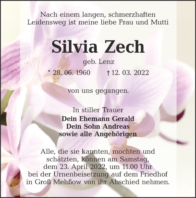  Traueranzeige für Silvia Zech vom 19.03.2022 aus lausitzer_rundschau