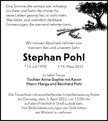 Traueranzeige von Stephan Pohl von lausitzer_rundschau