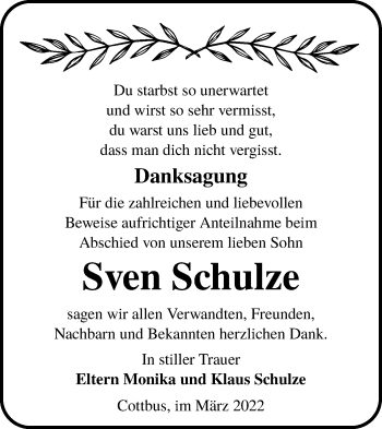 Traueranzeige von Sven Schulze von lausitzer_rundschau