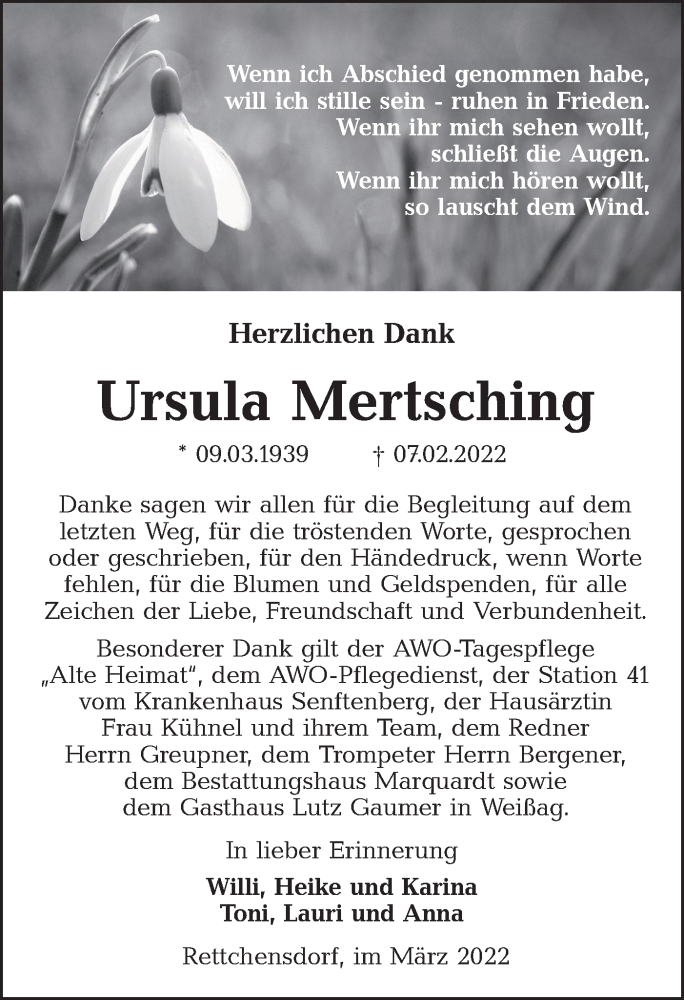  Traueranzeige für Ursula Mertsching vom 19.03.2022 aus lausitzer_rundschau