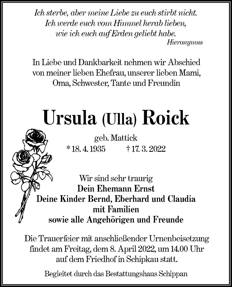  Traueranzeige für Ursula Roick vom 23.03.2022 aus lausitzer_rundschau
