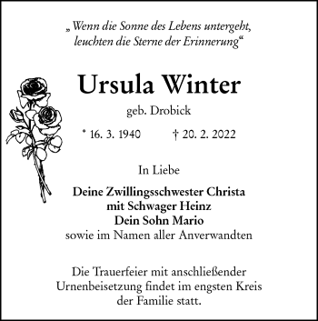 Traueranzeige von Ursula Winter von lausitzer_rundschau