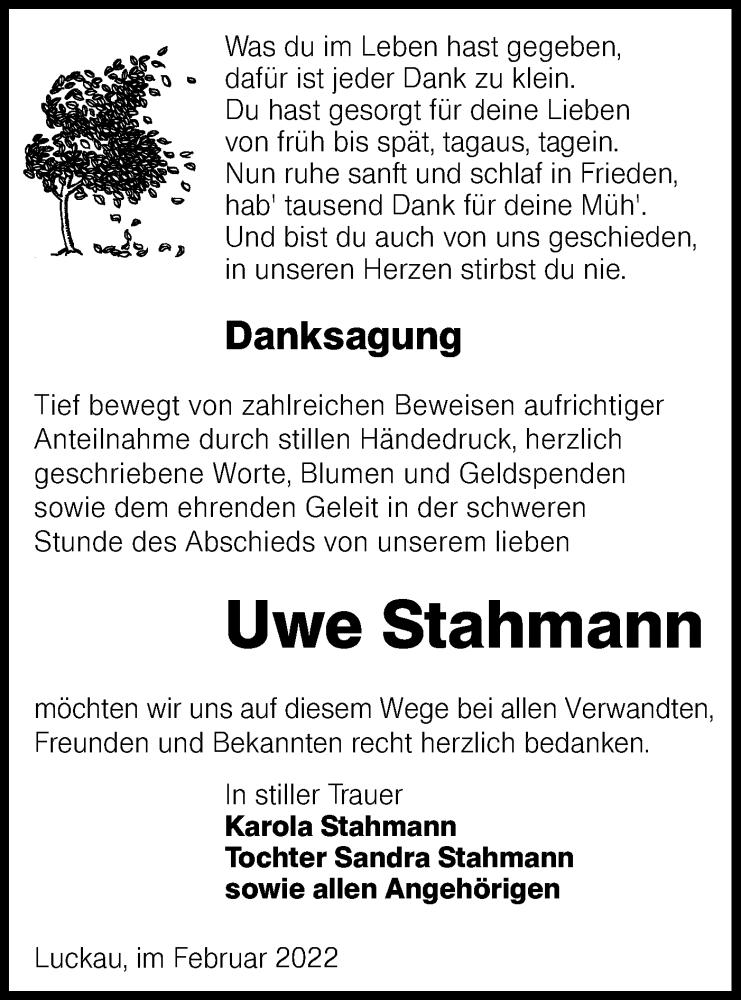  Traueranzeige für Uwe Stahmann vom 12.03.2022 aus lausitzer_rundschau