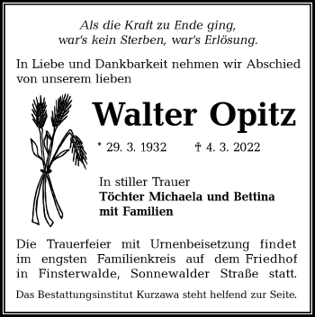 Traueranzeige von Walter Opitz von lausitzer_rundschau