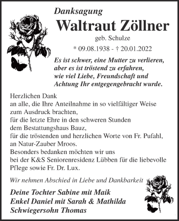 Traueranzeige von Waltraut Zöllner von lausitzer_rundschau