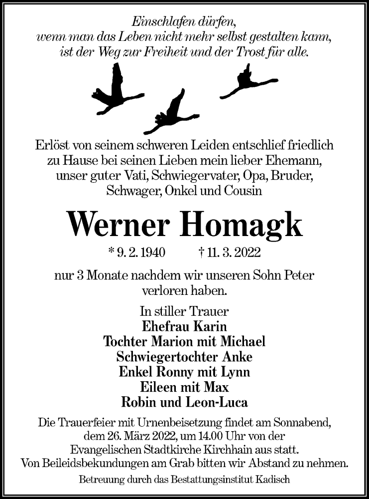  Traueranzeige für Werner Homagk vom 19.03.2022 aus lausitzer_rundschau
