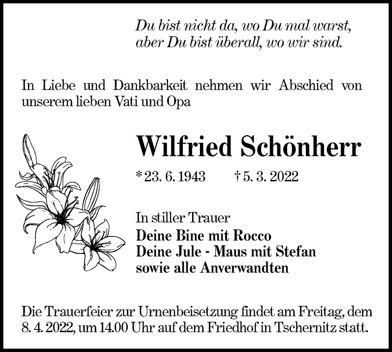  Traueranzeige für Wilfried Schönherr vom 26.03.2022 aus lausitzer_rundschau