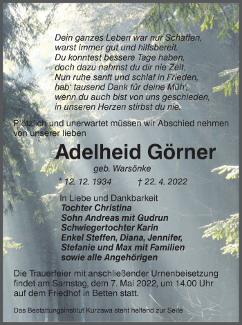 Traueranzeige von Adelheid Görner von lausitzer_rundschau