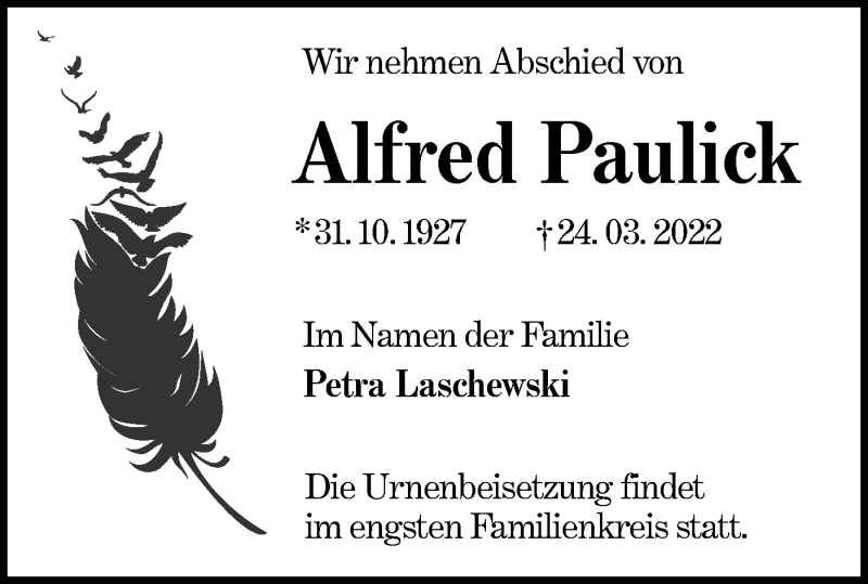  Traueranzeige für Alfred Paulick vom 02.04.2022 aus lausitzer_rundschau