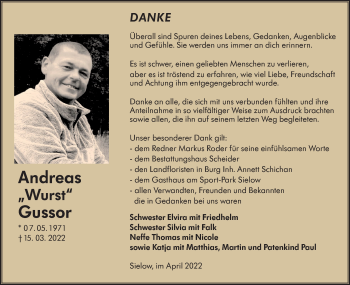 Traueranzeige von Andreas Gussor von lausitzer_rundschau