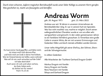Traueranzeige von Andreas Worm von lausitzer_rundschau