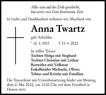 Traueranzeige von Anna Twartz von lausitzer_rundschau