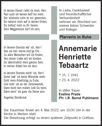 Traueranzeige von Annemarie Henriette Tebaartz von lausitzer_rundschau