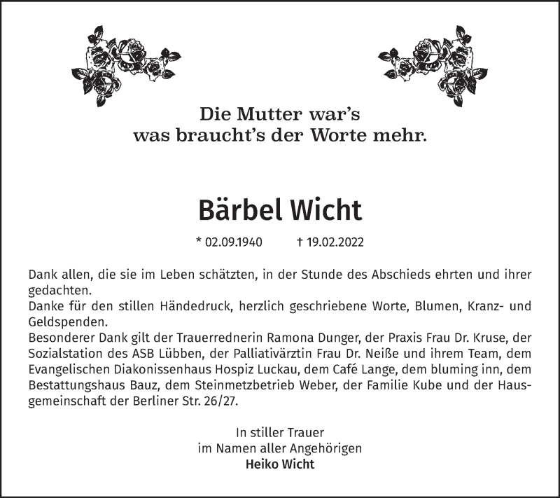 Traueranzeige für Bärbel Wicht vom 16.04.2022 aus lausitzer_rundschau