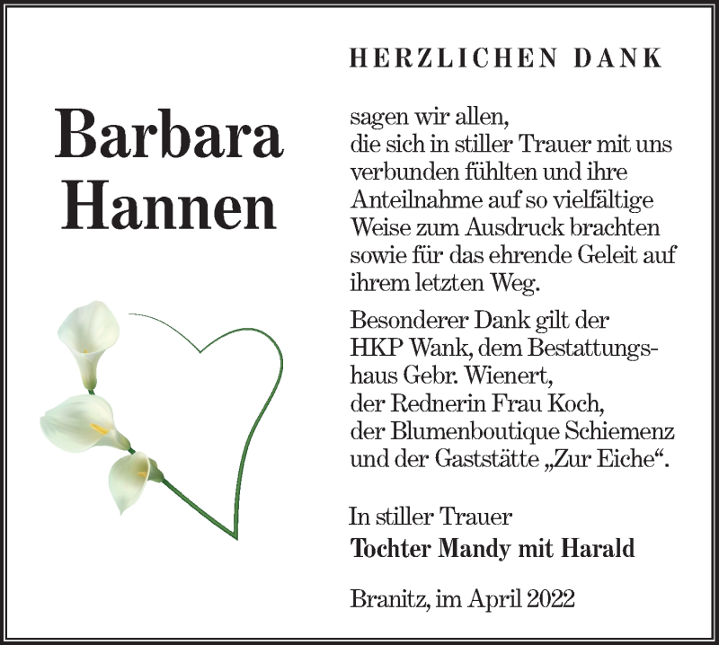  Traueranzeige für Barbara Hannen vom 16.04.2022 aus lausitzer_rundschau