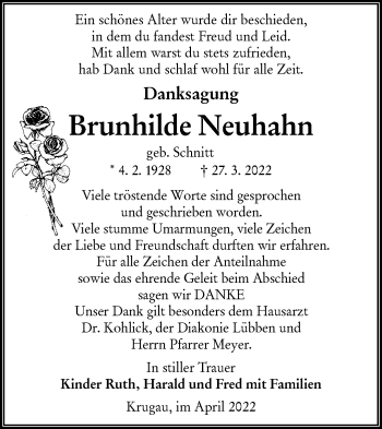 Traueranzeige von Brunhilde Neuhahn von lausitzer_rundschau
