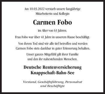 Traueranzeige von Carmen Fobo von lausitzer_rundschau