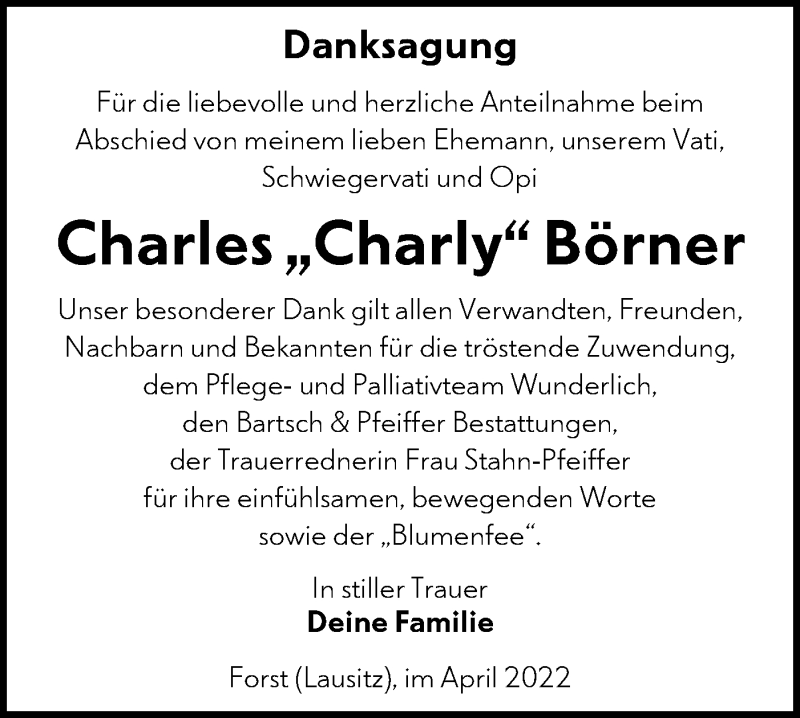 Traueranzeige für Charles  Börner vom 09.04.2022 aus lausitzer_rundschau