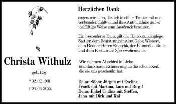 Traueranzeige von Christa Withulz von lausitzer_rundschau