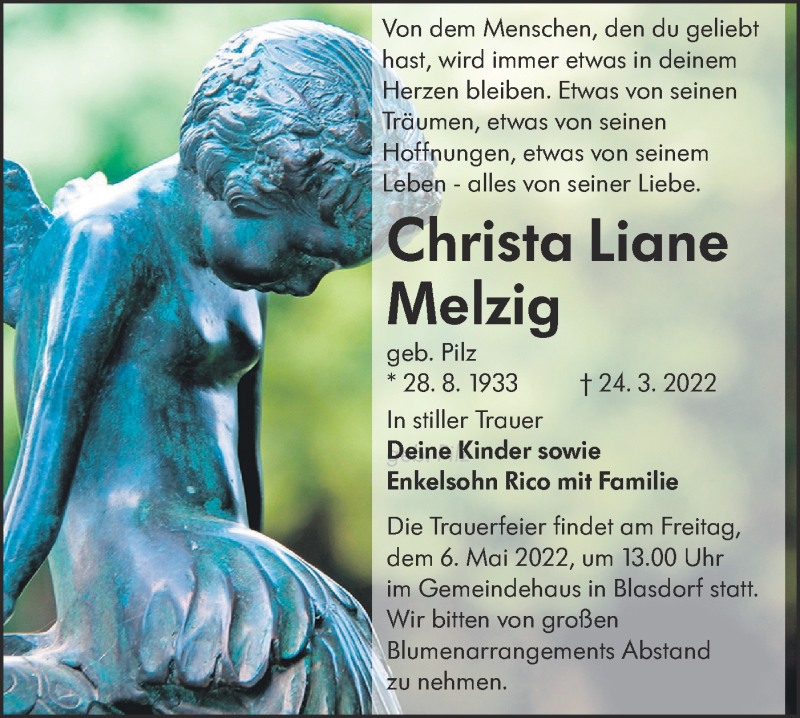  Traueranzeige für Christa Liane Melzig vom 30.04.2022 aus lausitzer_rundschau