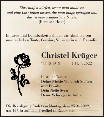 Traueranzeige von Christel Krüger von lausitzer_rundschau