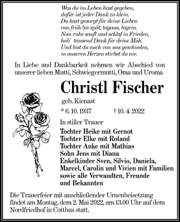 Traueranzeige von Christl Fischer von lausitzer_rundschau