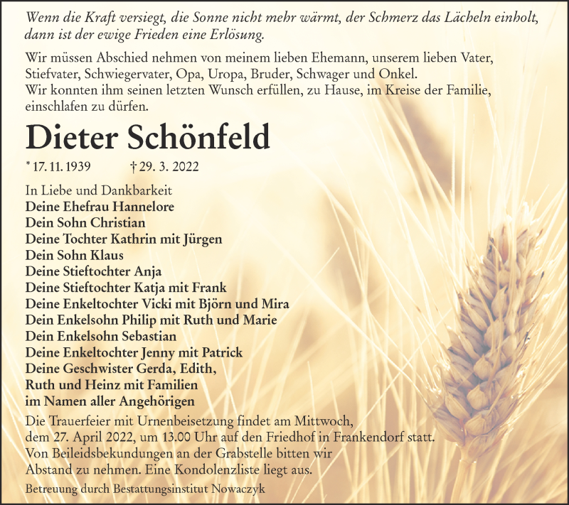  Traueranzeige für Dieter Schönfeld vom 09.04.2022 aus lausitzer_rundschau