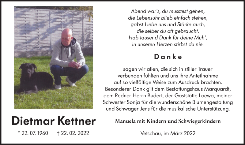 Traueranzeige für Dietmar Kettner vom 02.04.2022 aus lausitzer_rundschau