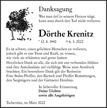 Traueranzeige von Dörthe Krenitz von lausitzer_rundschau