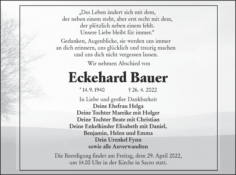  Traueranzeige für Eckehard Bauer vom 28.04.2022 aus lausitzer_rundschau