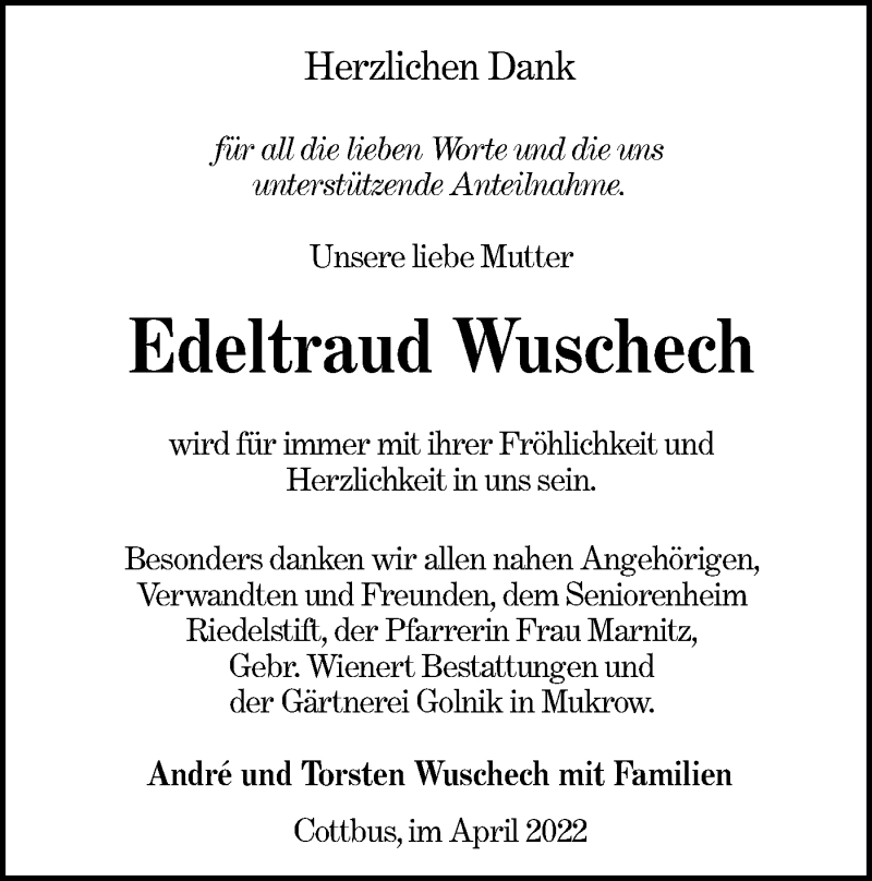 Traueranzeige für Edeltraud Wuschech vom 30.04.2022 aus lausitzer_rundschau