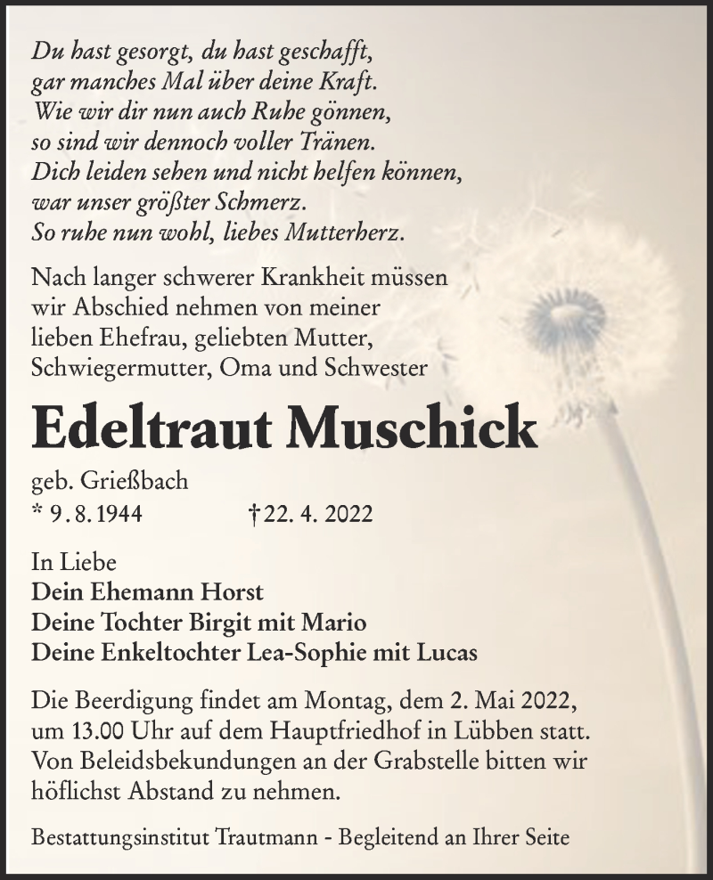  Traueranzeige für Edeltraut Muschick vom 30.04.2022 aus lausitzer_rundschau