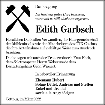 Traueranzeige von Edith Garbsch von lausitzer_rundschau