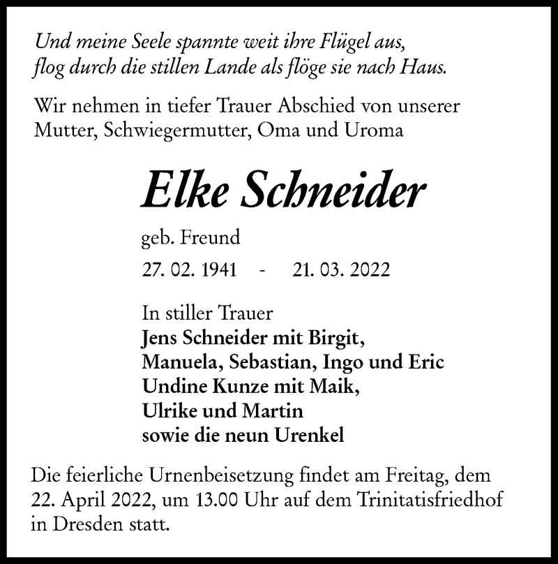  Traueranzeige für Elke Schneider vom 09.04.2022 aus lausitzer_rundschau