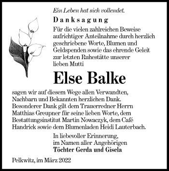 Traueranzeige von Else Balke von lausitzer_rundschau